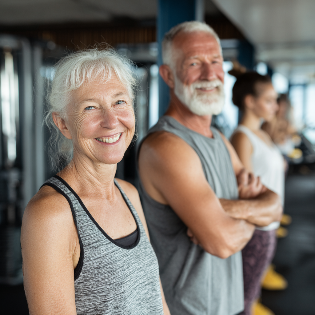 Mature adults enjoying fitness activities together in a supportive environment