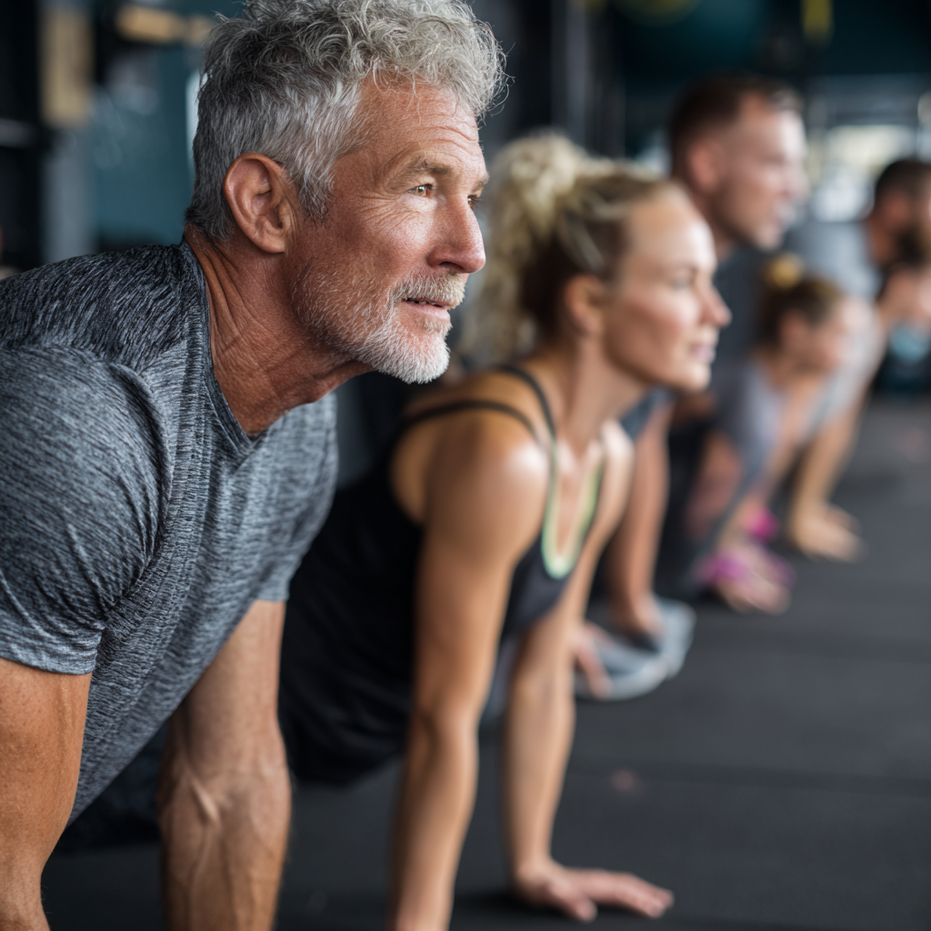 Middle-aged adults participating in functional training exercises using natural movement patterns